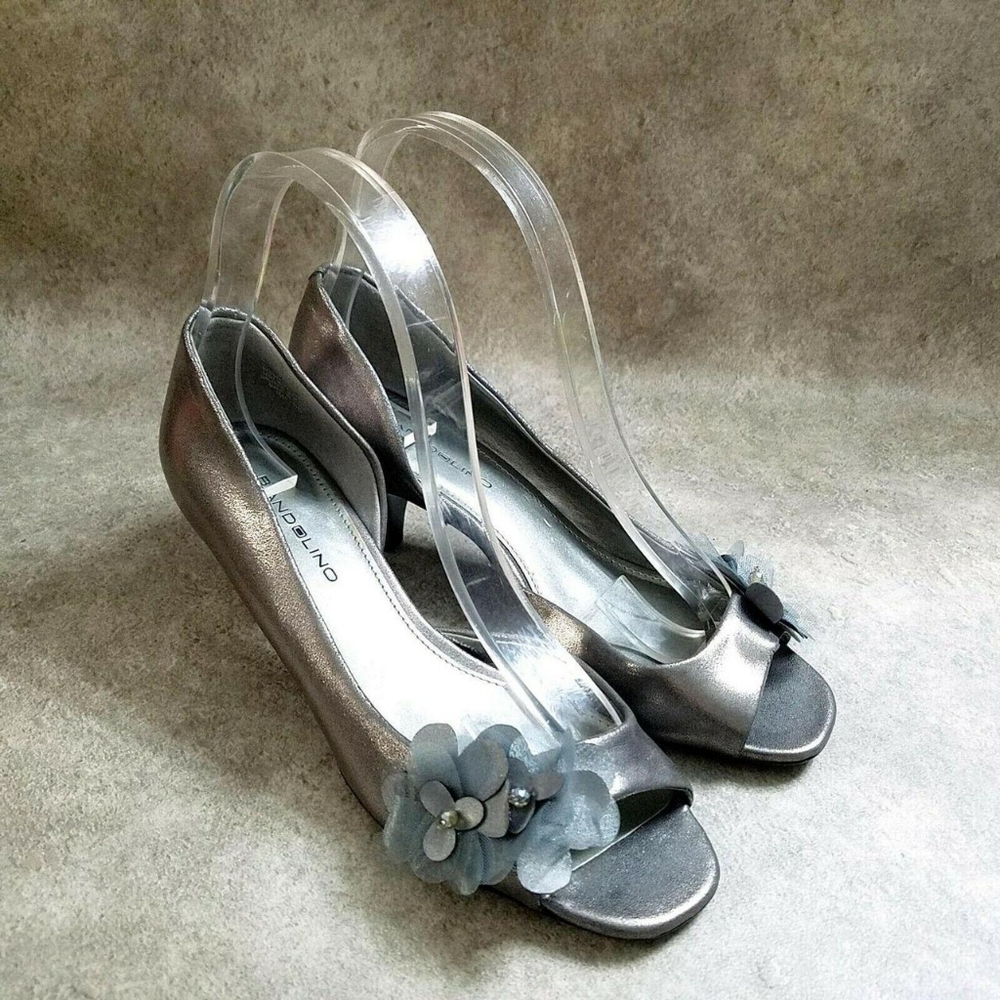 Bandolino Women's Silver Peep-Toe Heels with Blue Floral Detail